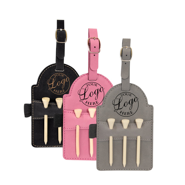 Laser Engraved Leatherette Golf Bag Tag with 3 Wooden Tees